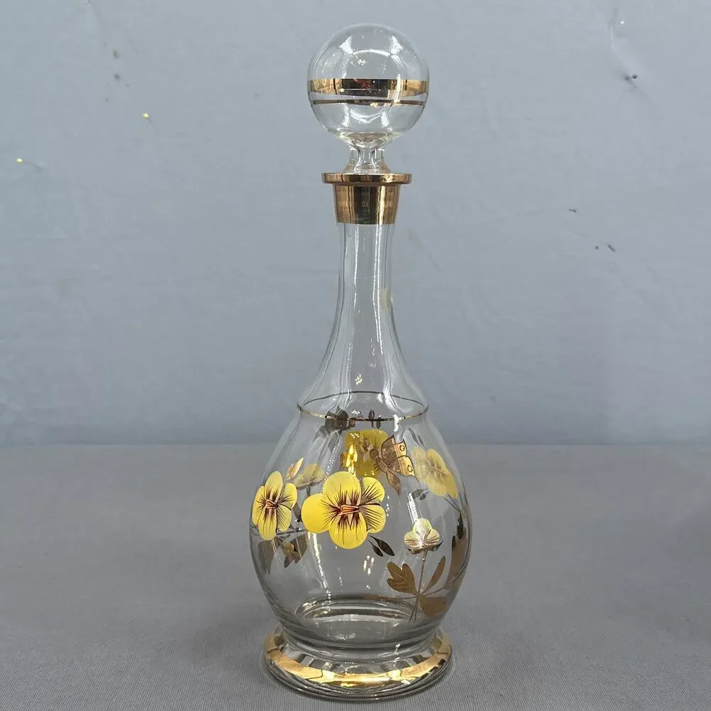 VTG Wine Decanter 15 Floral Hand Painted Romanian Crystal Gold Yellow MCM Carafe
